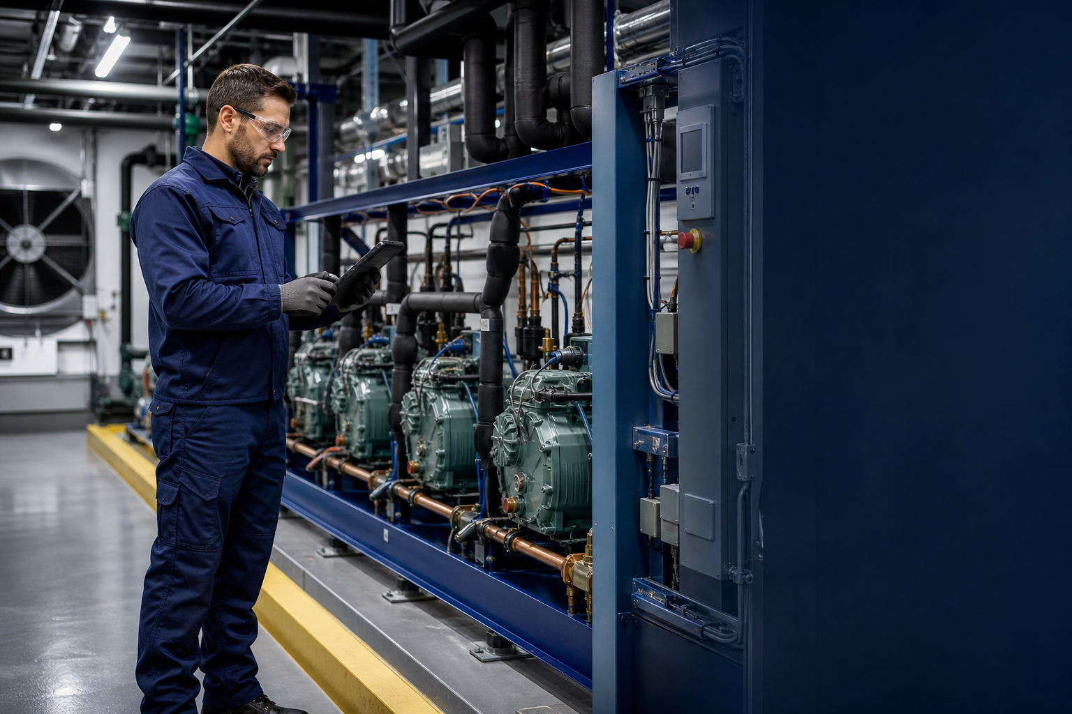 Qualified HVAC and refrigeration technician inspecting professional equipment