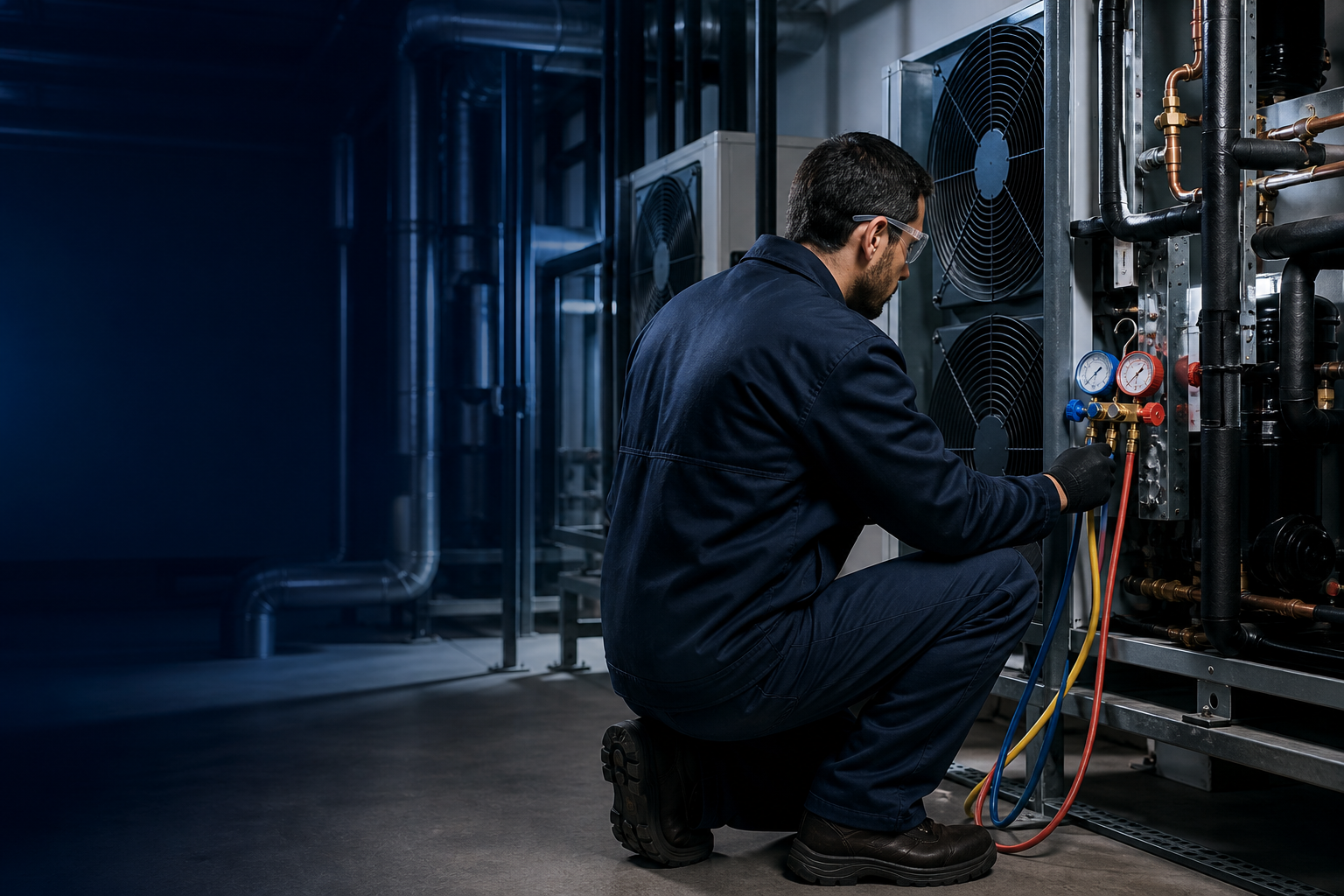 Professional HVAC and refrigeration technician servicing commercial equipment