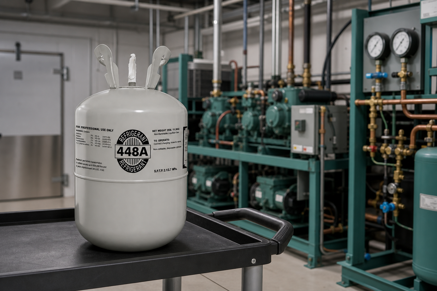 R448A cylinder in a commercial refrigeration equipment room