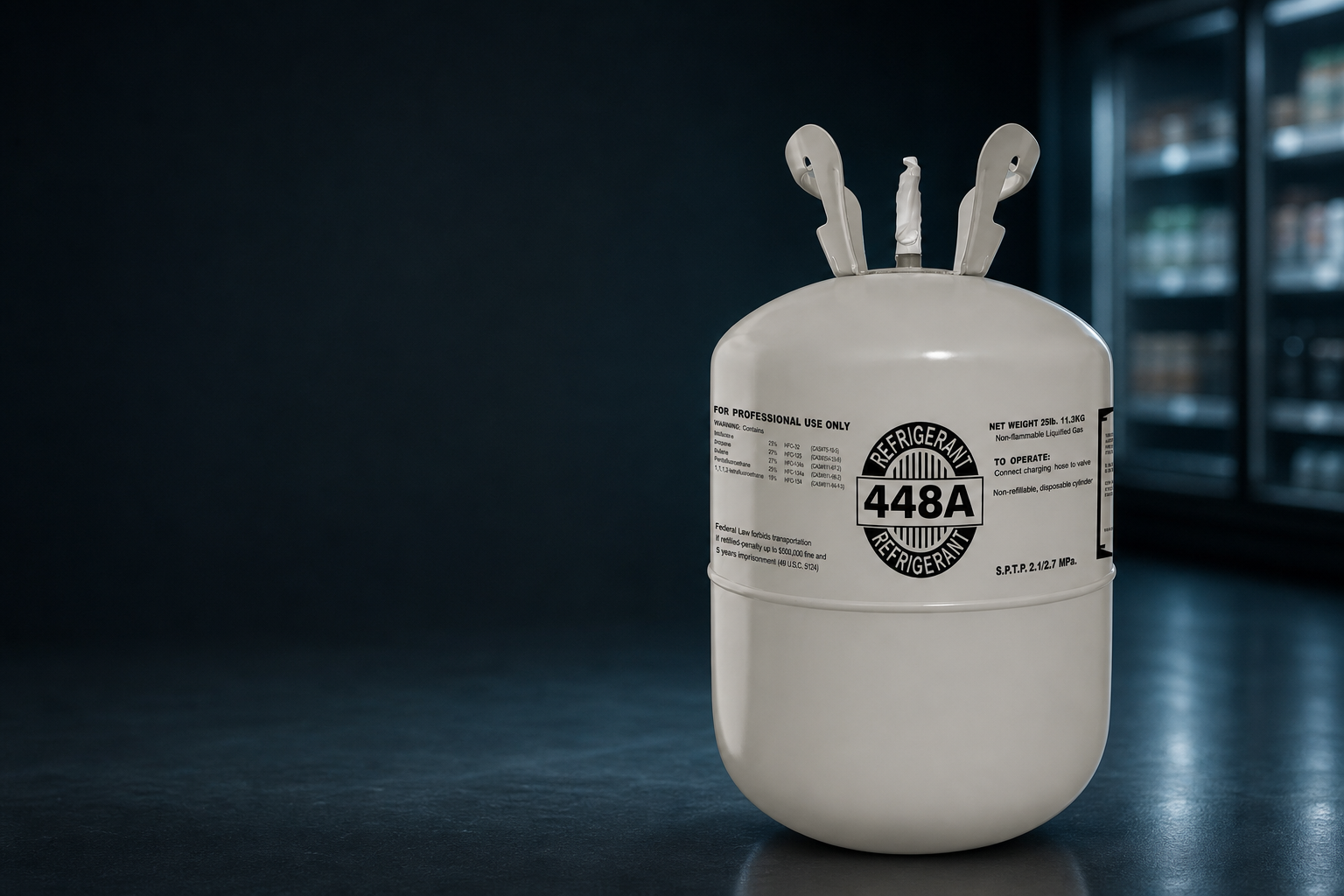 R448A 25 lb refrigerant cylinder in a professional refrigeration setting